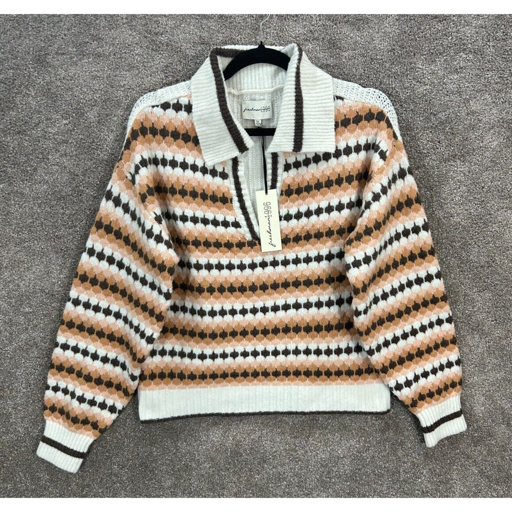 Freshman Sweater Womens Medium White Multi V Neck Collared Preppy‎ NWT